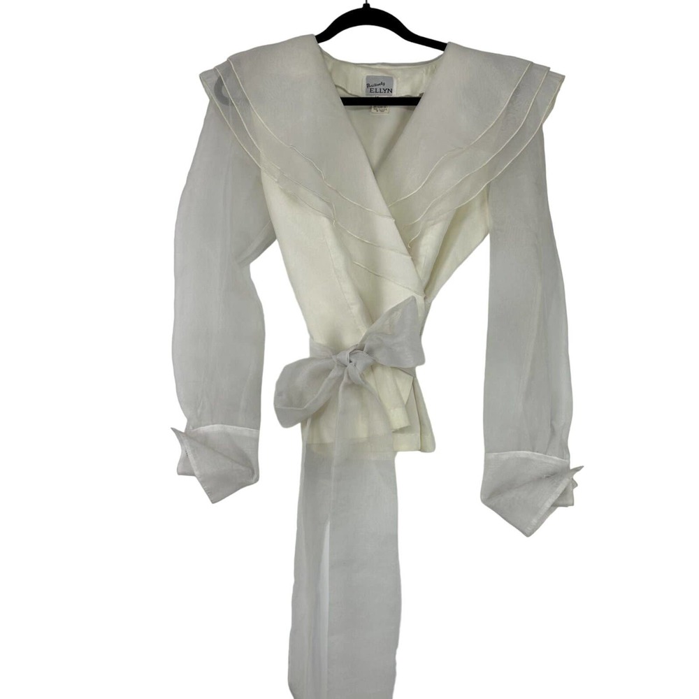 Positively Ellyn Wrap Top Womens Size M Semi Sheer Ivory Long Sleeve USA Vintage